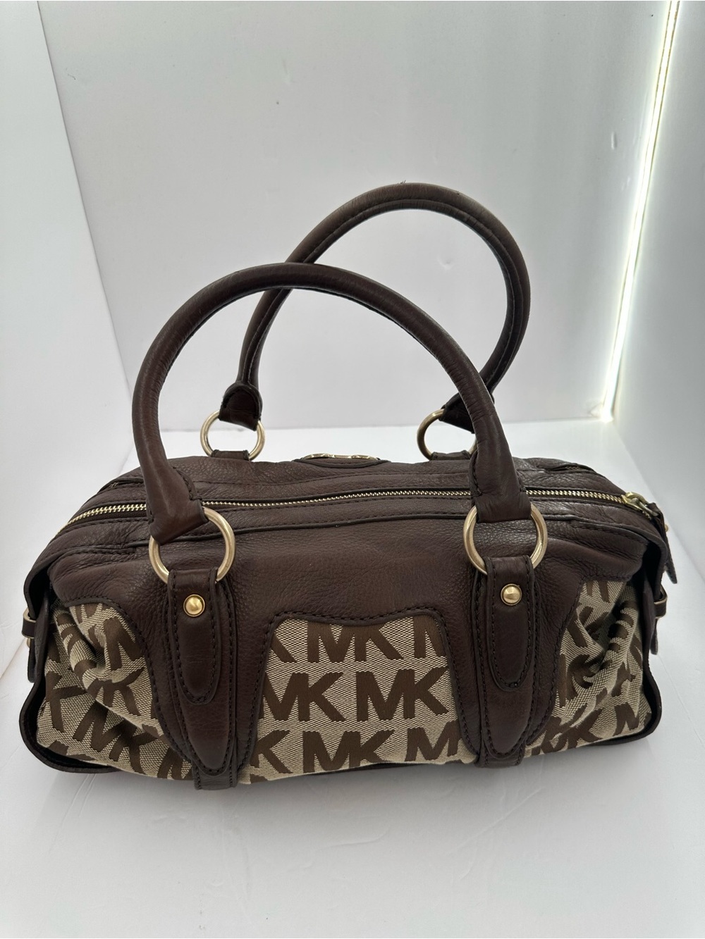Vintage Michael Kors Brown MK Monogram Leather Satchel Bag Y2K Shoulder Purse - Picture 2 of 11